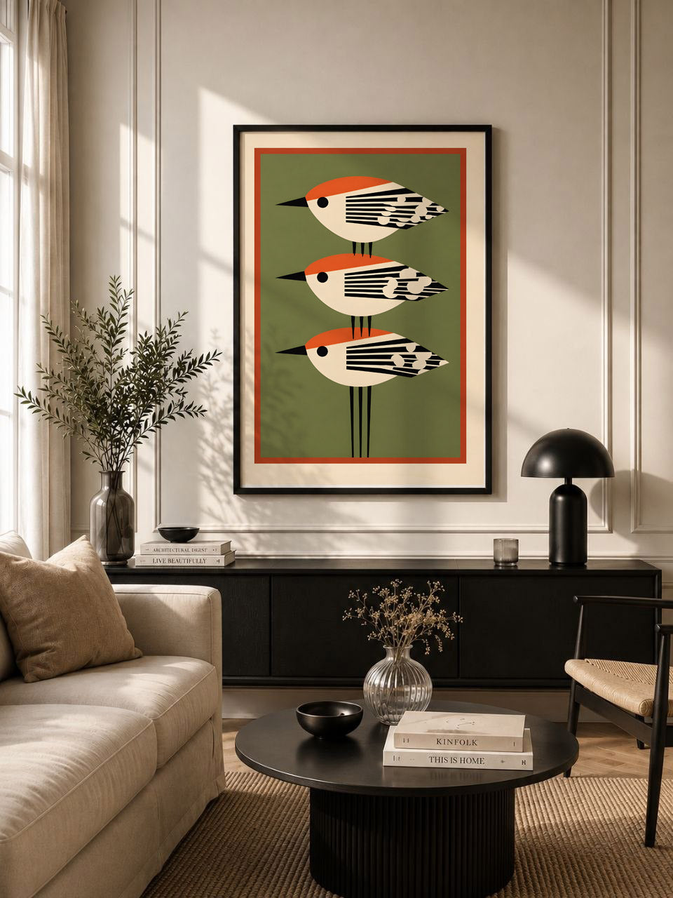Red-Crowned Birds Wall Art Print, Mid-Century Modern Bird Poster