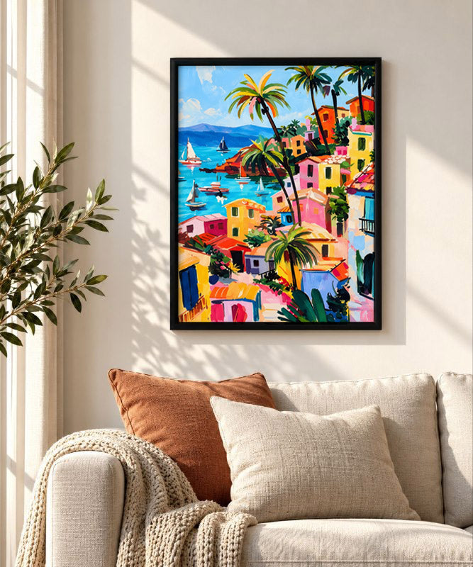 Mediterranean Coastal  Art Print, Tropical Village Wall Art, Colourful Seaside Town Poster