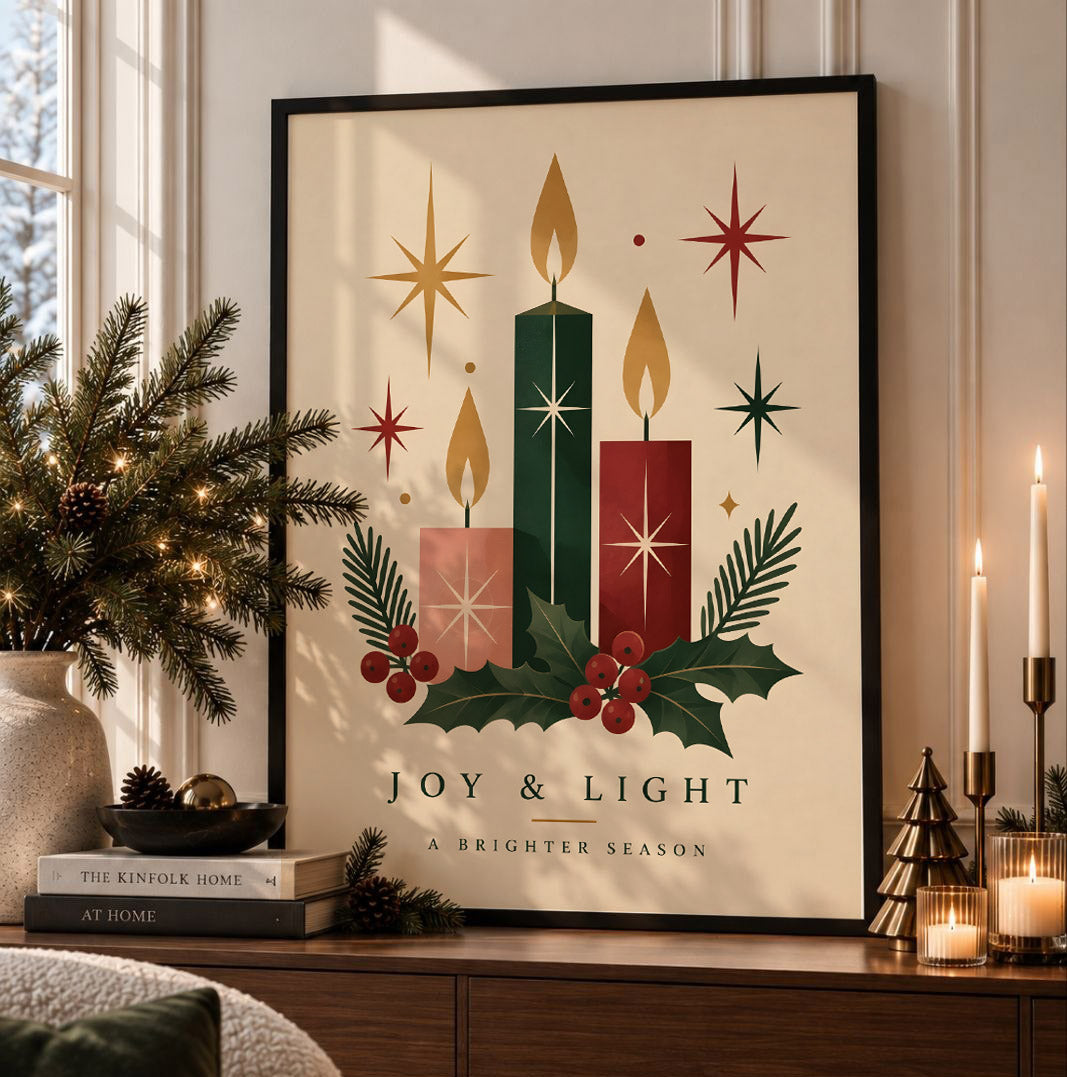 Vintage Christmas Candle Wall Art, Festive Holiday Print