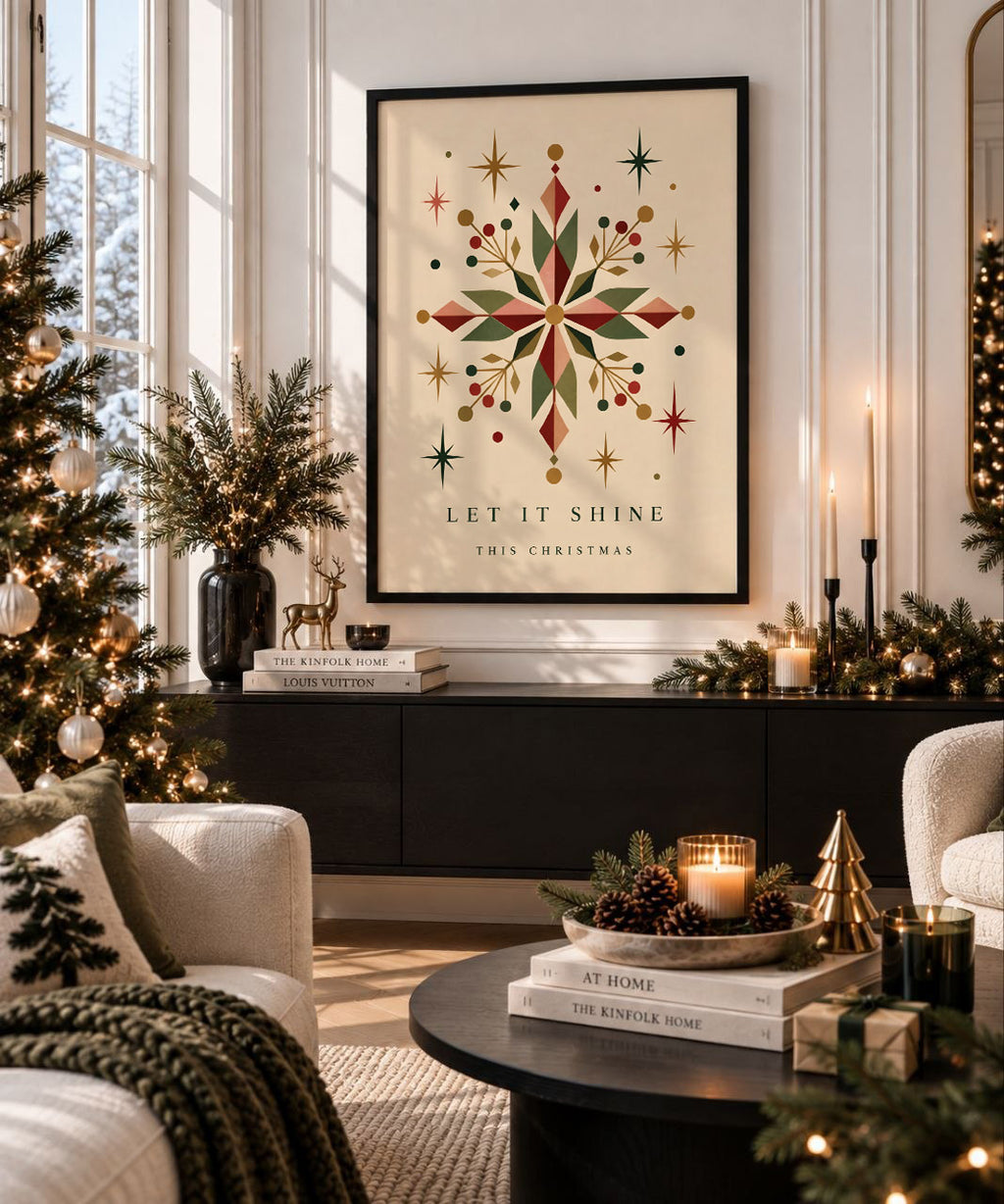 Vintage Geometric Snowflake Print, Retro Christmas Wall Art