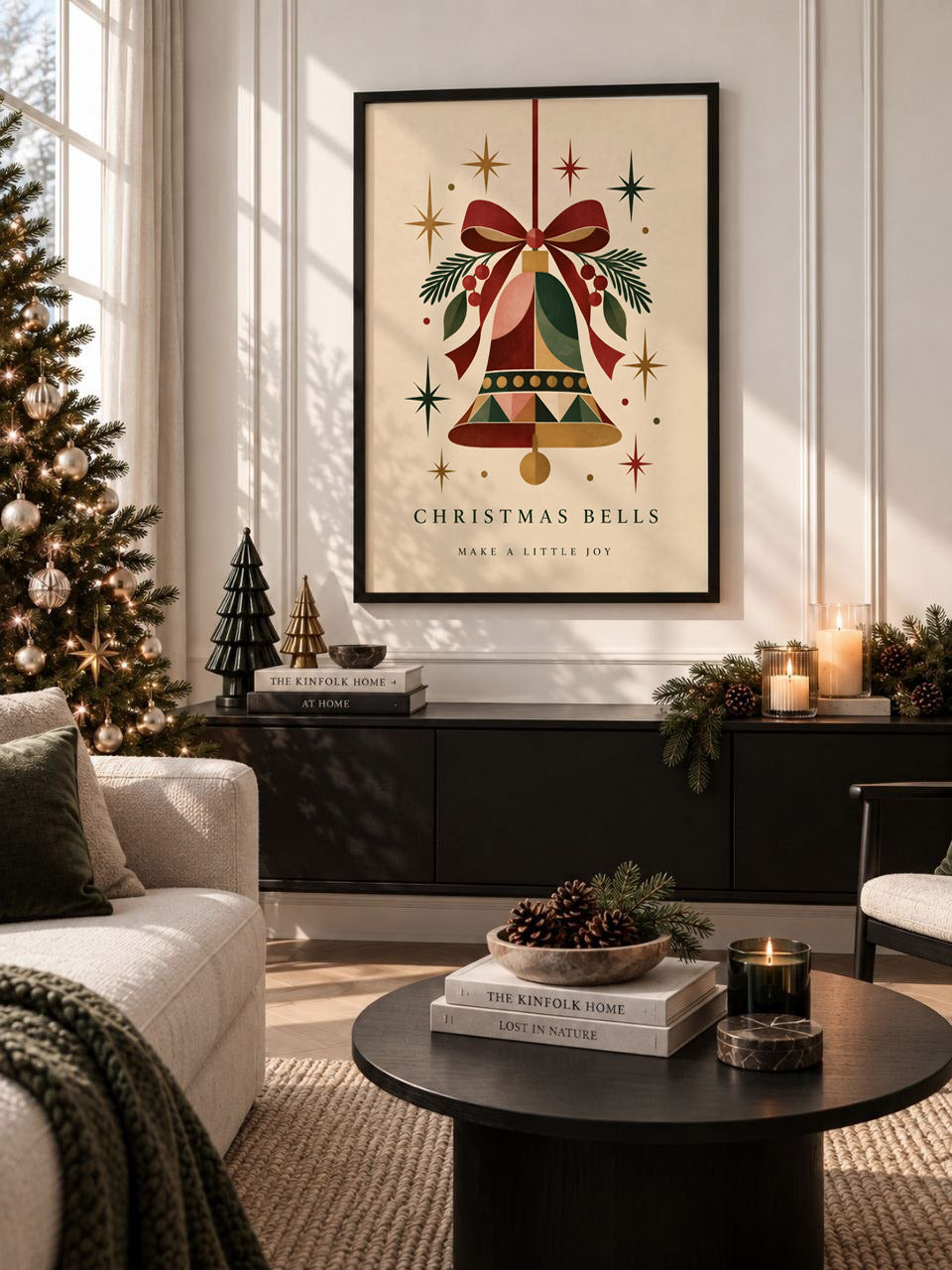 Vintage Christmas Bell Print, Holiday Bow Decor, Matte Paper Art