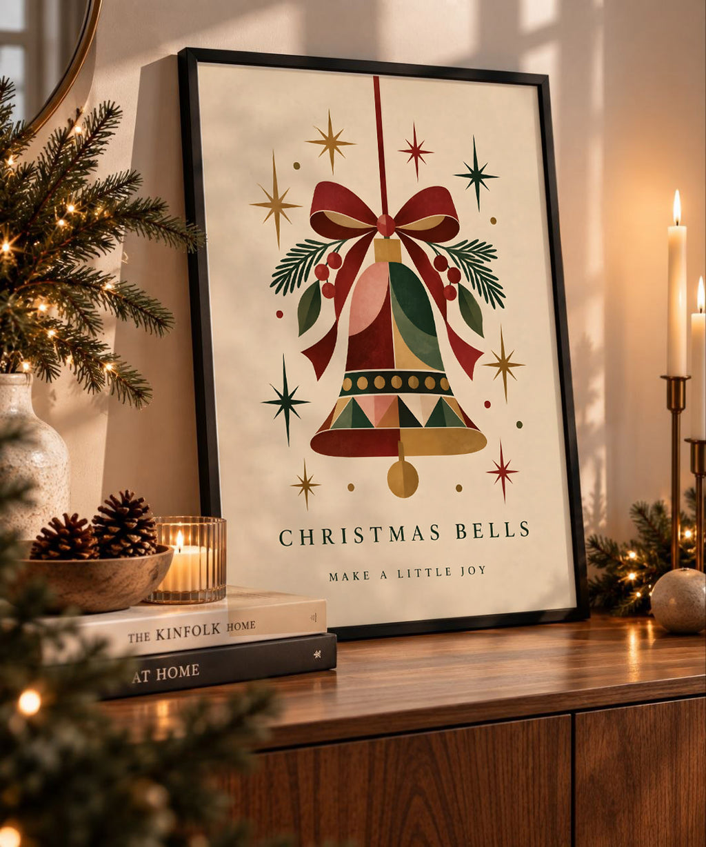 Vintage Christmas Bell Print, Holiday Bow Decor, Matte Paper Art