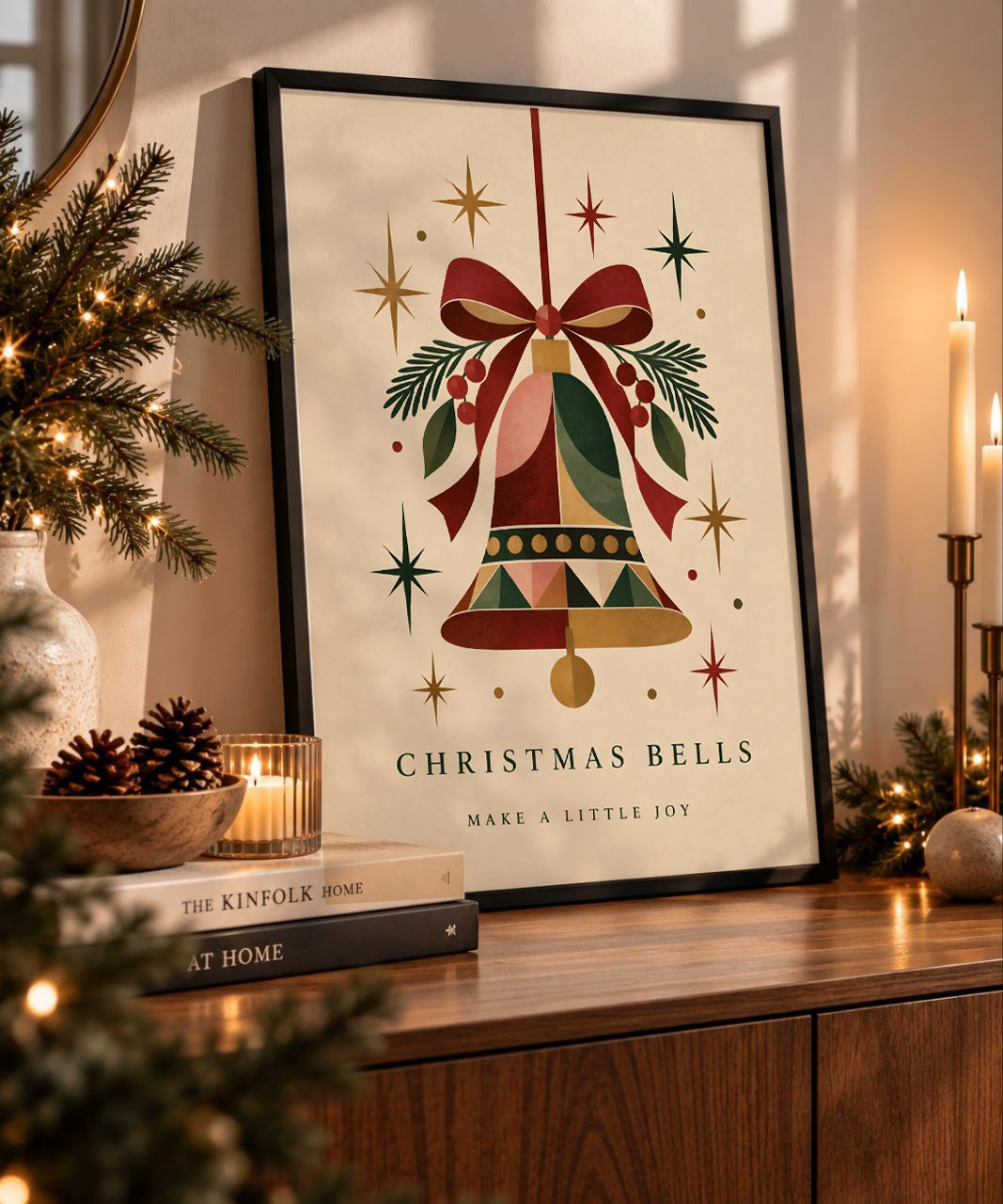 Vintage Christmas Bell Print, Holiday Bow Decor, Matte Paper Art