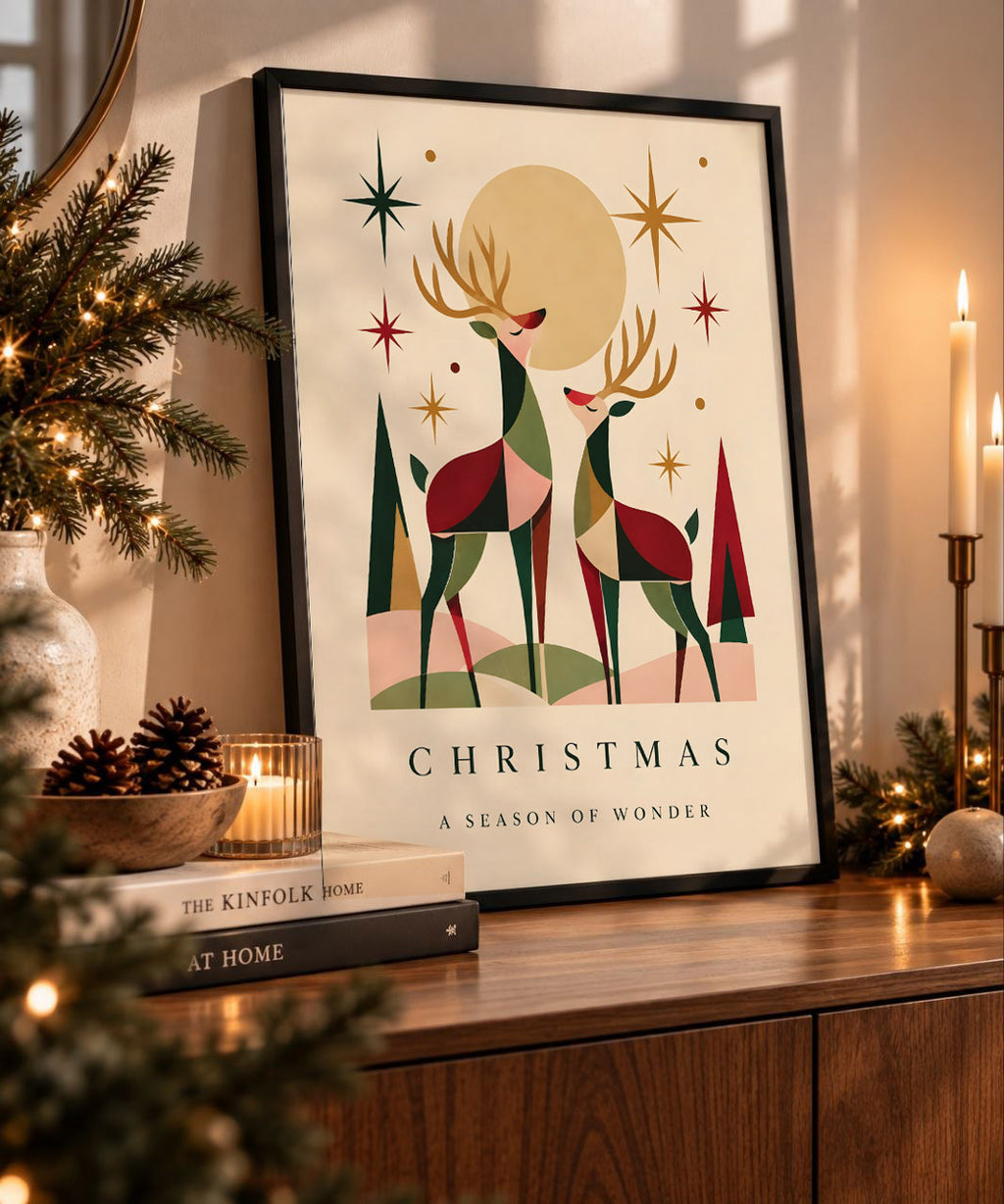 Vintage Christmas Reindeer Wall Art, Retro Holiday Print