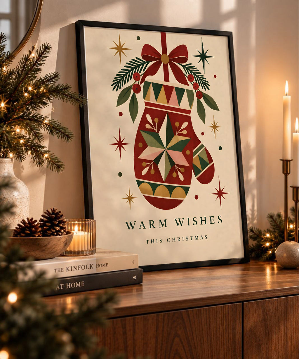 Vintage Christmas Mitten Wall Art, Festive Holiday Poster
