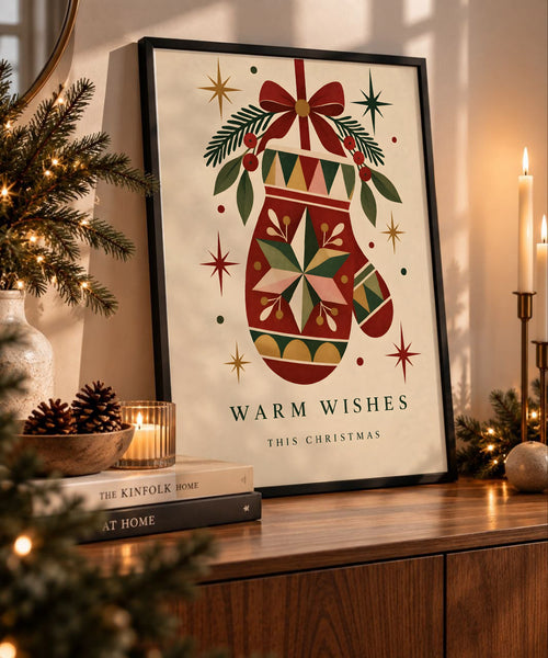 Vintage Christmas Mitten Wall Art, Festive Holiday Poster