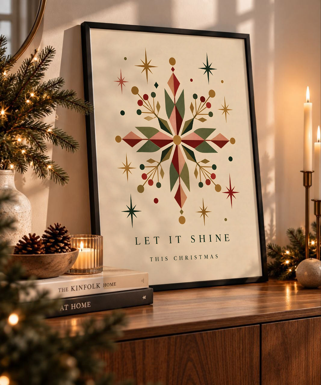 Vintage Geometric Snowflake Print, Retro Christmas Wall Art