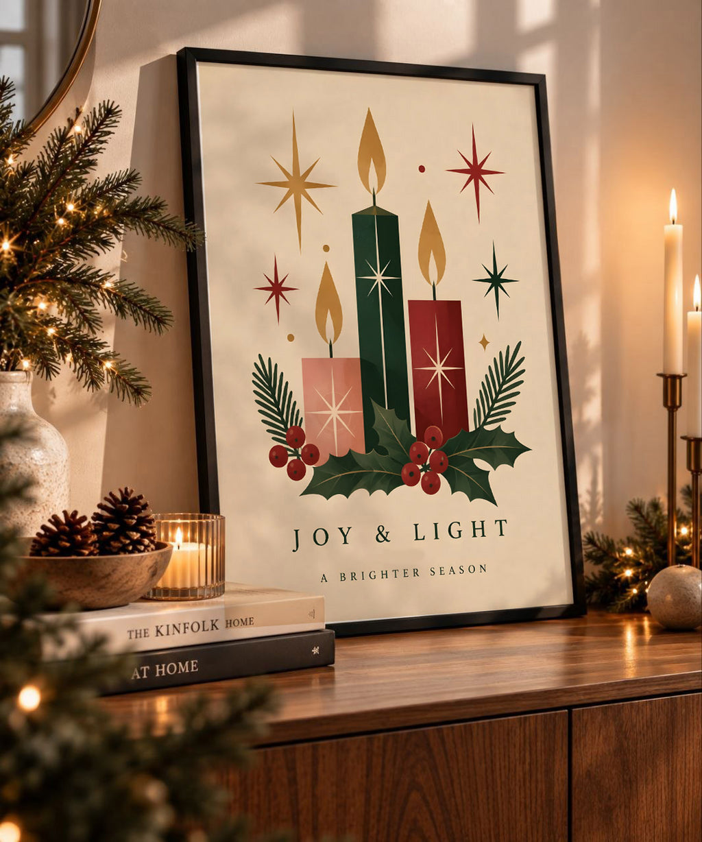Vintage Christmas Candle Wall Art, Festive Holiday Print