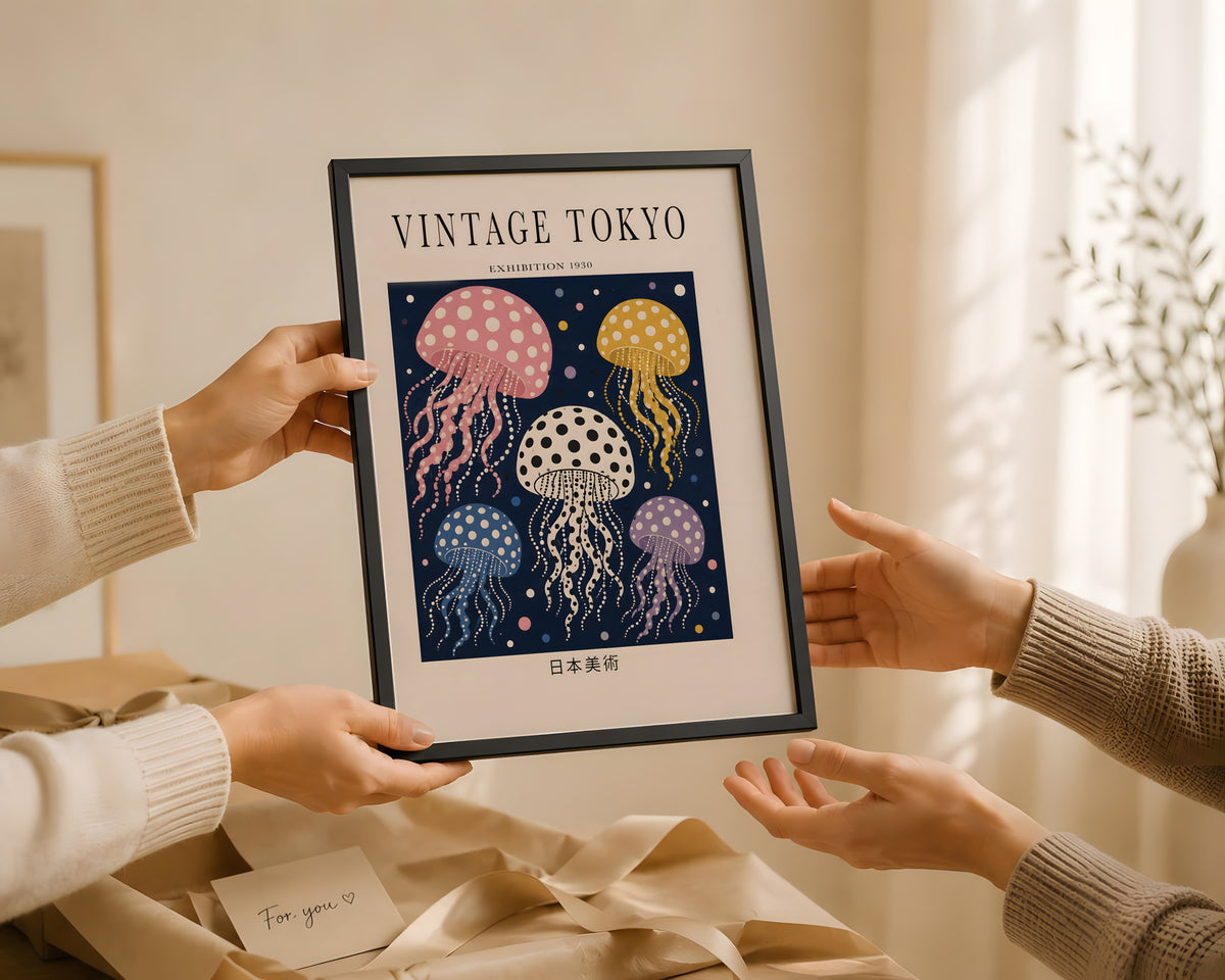 Polka Dot Jellyfish Wall Art Print, Vintage Japanese Poster