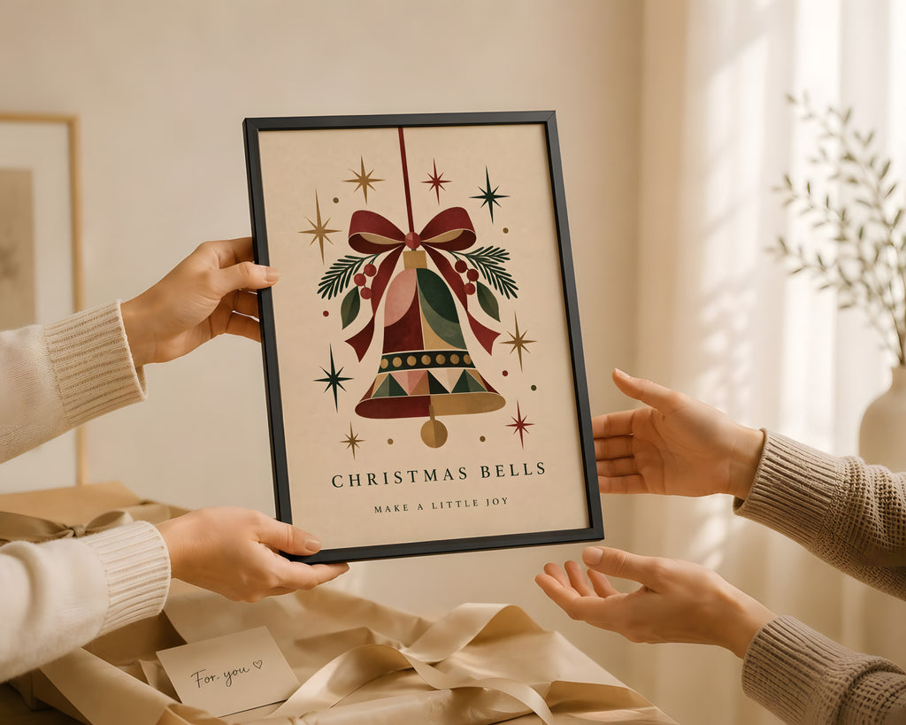 Vintage Christmas Bell Print, Holiday Bow Decor, Matte Paper Art