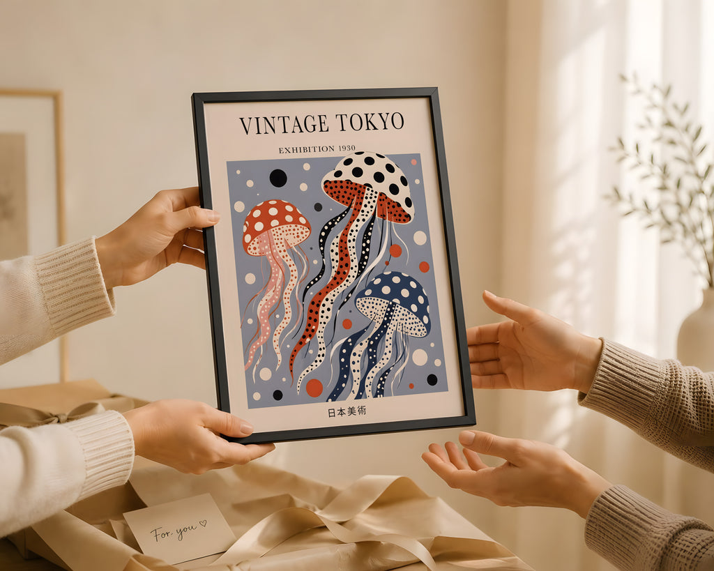 Polka dot  Blue Jellyfish Wall Art Print, Japandi, Vintage Japanese Poster