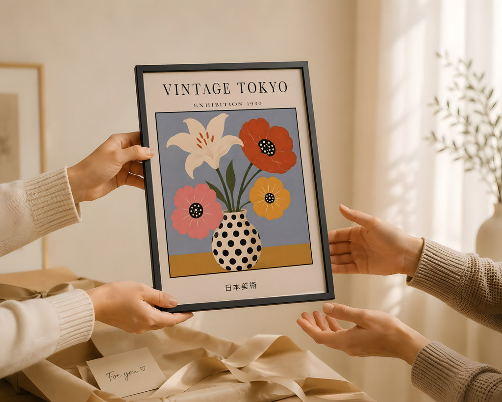 Polka Dot Flowers Wall Art Poster, Vintage Japanese Print