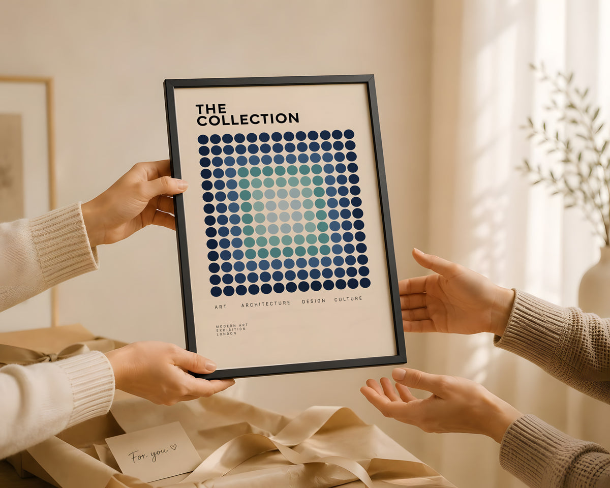 Blue Geometric Modernist Poster, Abstract Dot Pattern Wall Art, Graphic Design Decor