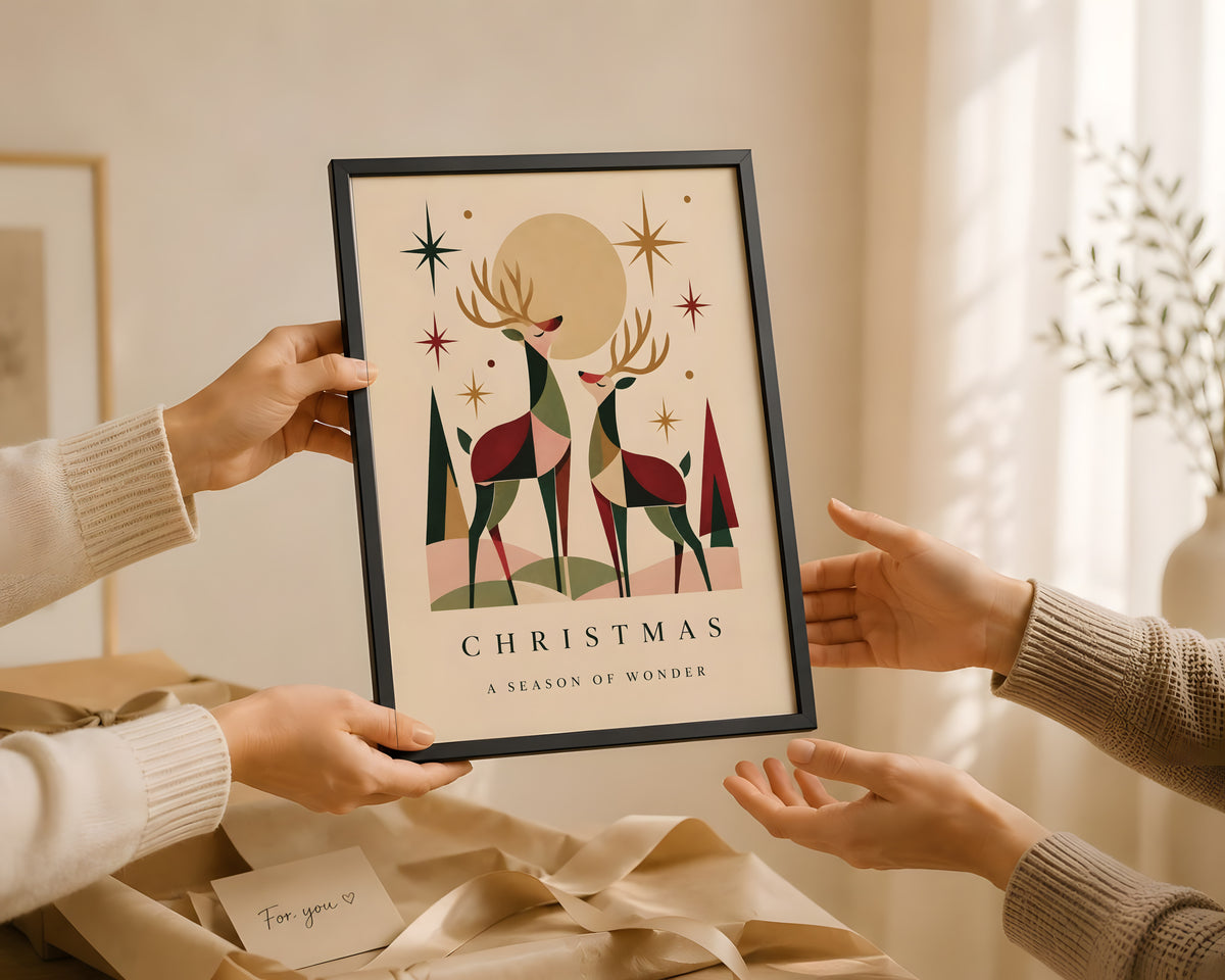 Vintage Christmas Reindeer Wall Art, Retro Holiday Print