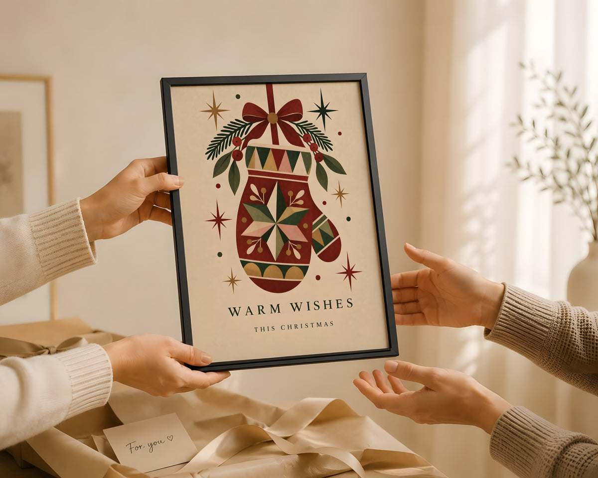 Vintage Christmas Mitten Wall Art, Festive Holiday Poster