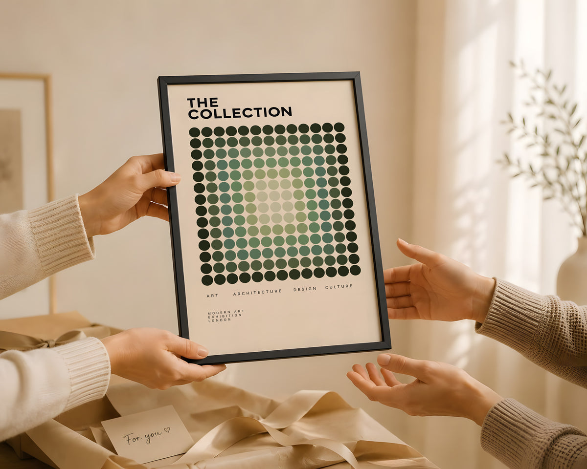 Green Geometric Modernist Poster, Abstract Dot Pattern Wall Art, Graphic Design Decor