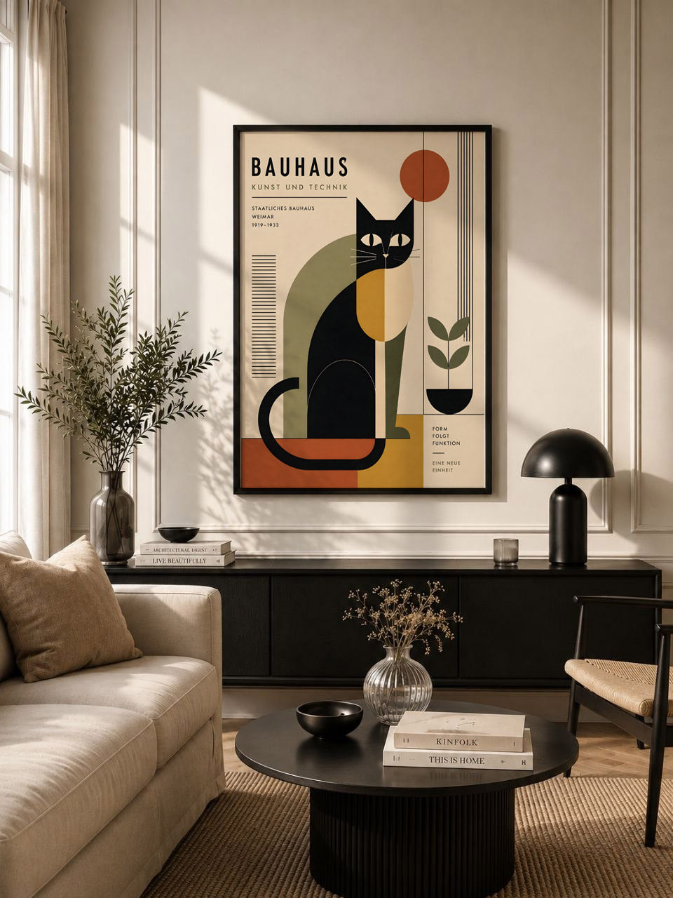 Bauhaus Cat Poster, Geometric Mid Century Wall Art Decor