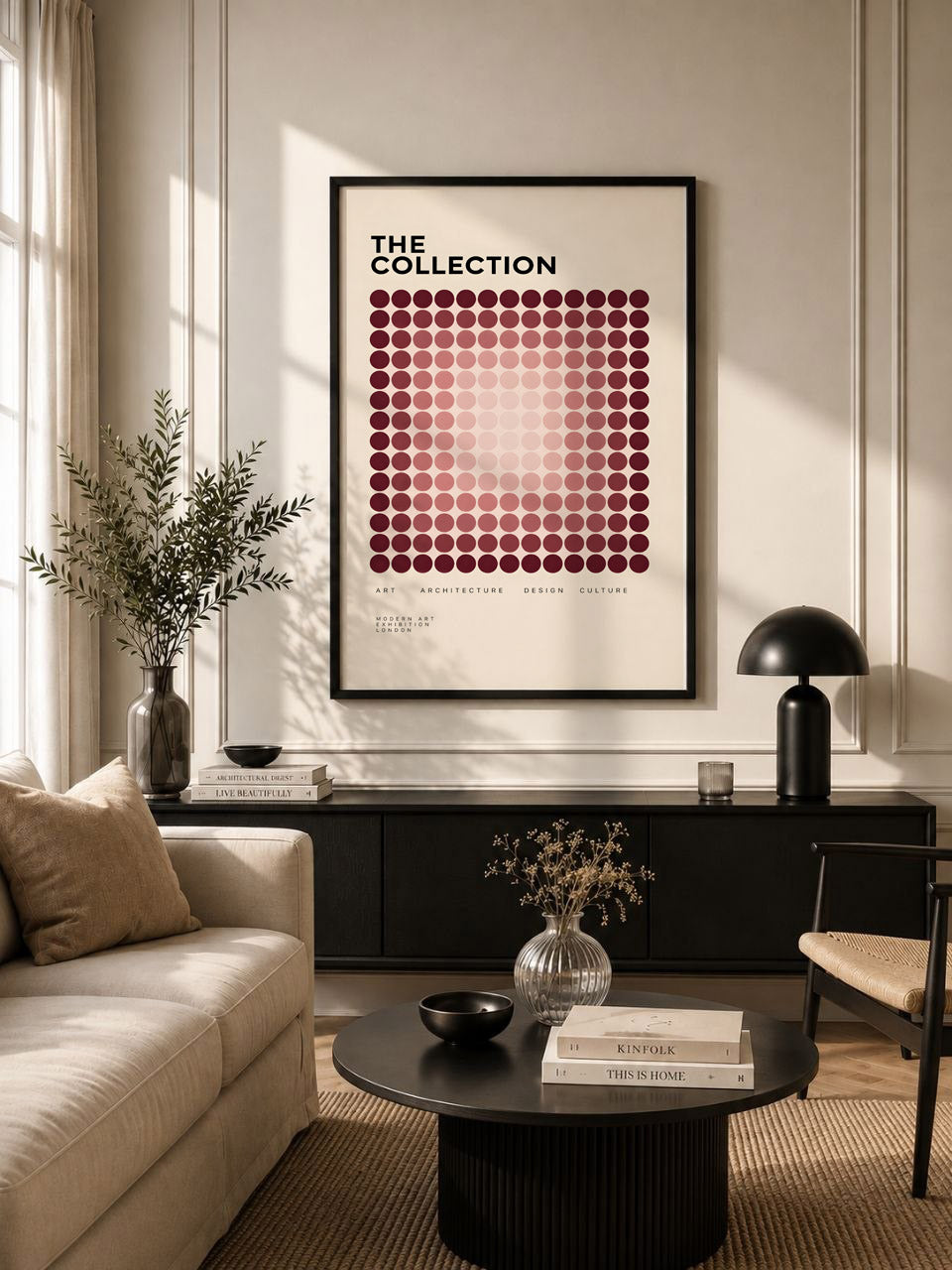 Burgundy Geometric Modernist Poster, Abstract Dot Pattern Wall Art, Contemporary Graphic Design Decor