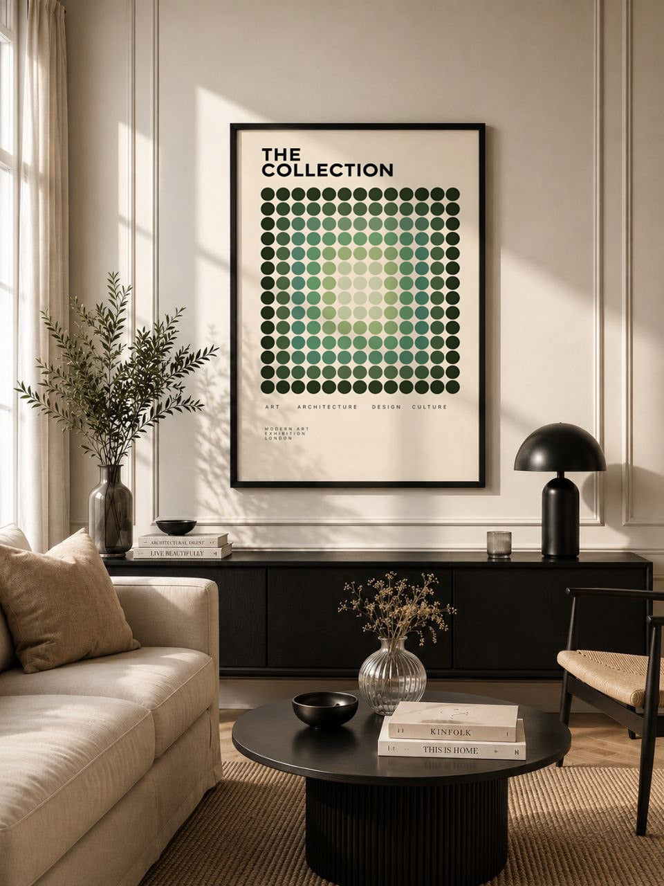 Green Geometric Modernist Poster, Abstract Dot Pattern Wall Art, Graphic Design Decor