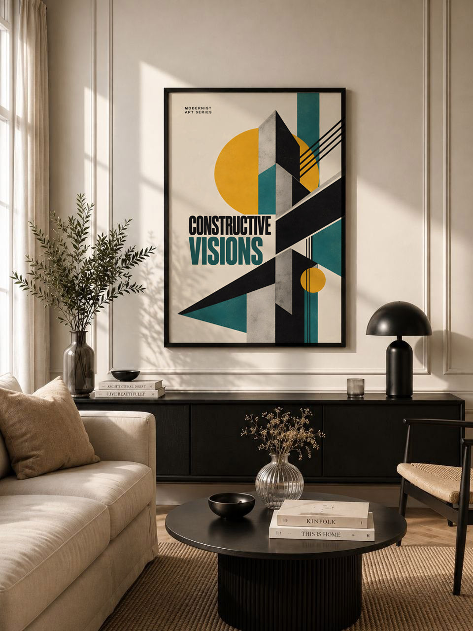 Constructivist  Poster, Bauhaus Geometric Wall Art, Teal Mustard Yellow Graphic Design