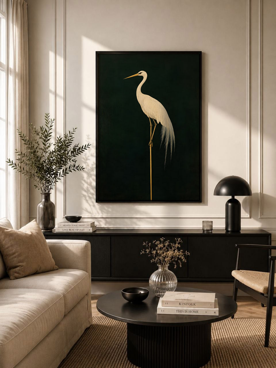 Japanese Crane Wall Art, Minimalist Green Poster