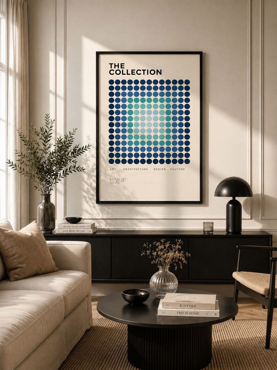 Blue Geometric Modernist Poster, Abstract Dot Pattern Wall Art, Graphic Design Decor