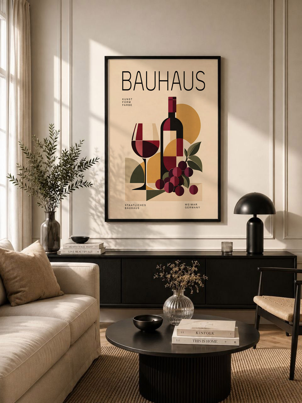 Bauhaus Wine Bottle Poster, Abstract Kitchen Decor, Matte Print