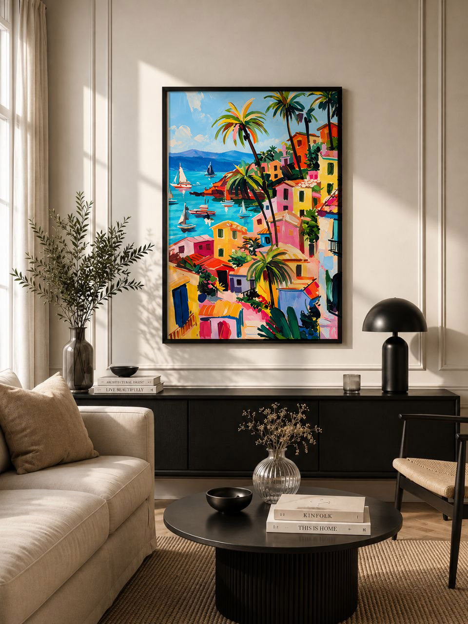 Mediterranean Coastal  Art Print, Tropical Village Wall Art, Colourful Seaside Town Poster