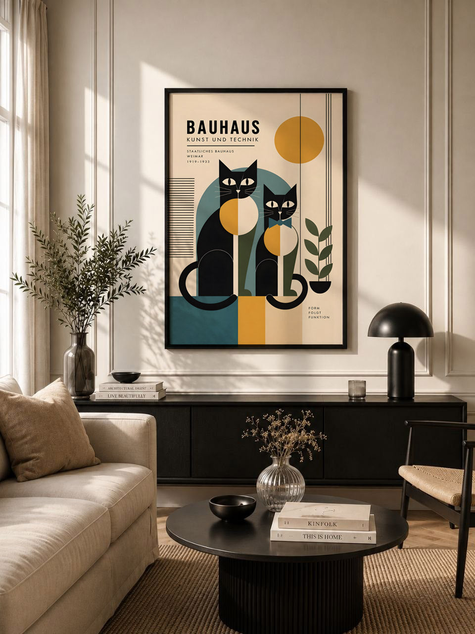 Bauhaus Couple of Cats Poster, Geometric Mid Century Wall Art Decor