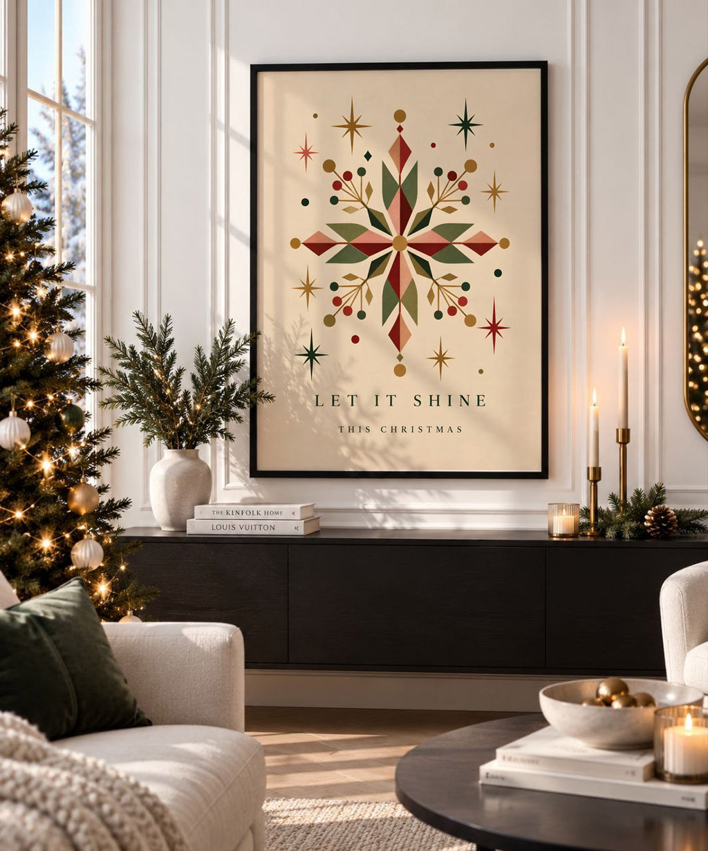 Vintage Geometric Snowflake Print, Retro Christmas Wall Art