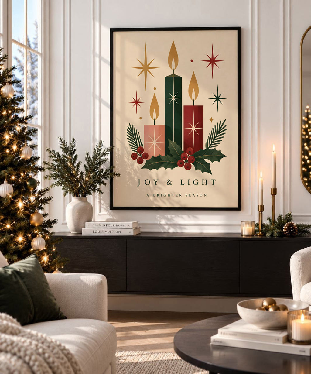 Vintage Christmas Candle Wall Art, Festive Holiday Print