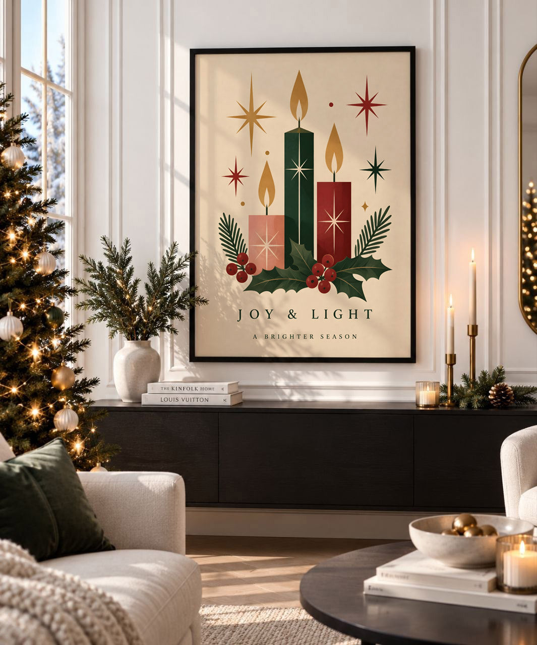 Vintage Christmas Candle Wall Art, Festive Holiday Print