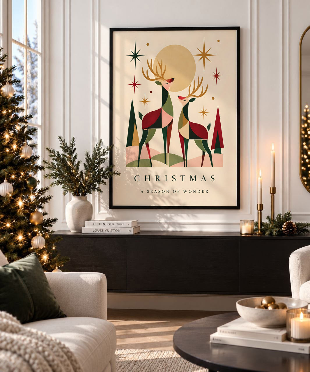 Vintage Christmas Reindeer Wall Art, Retro Holiday Print