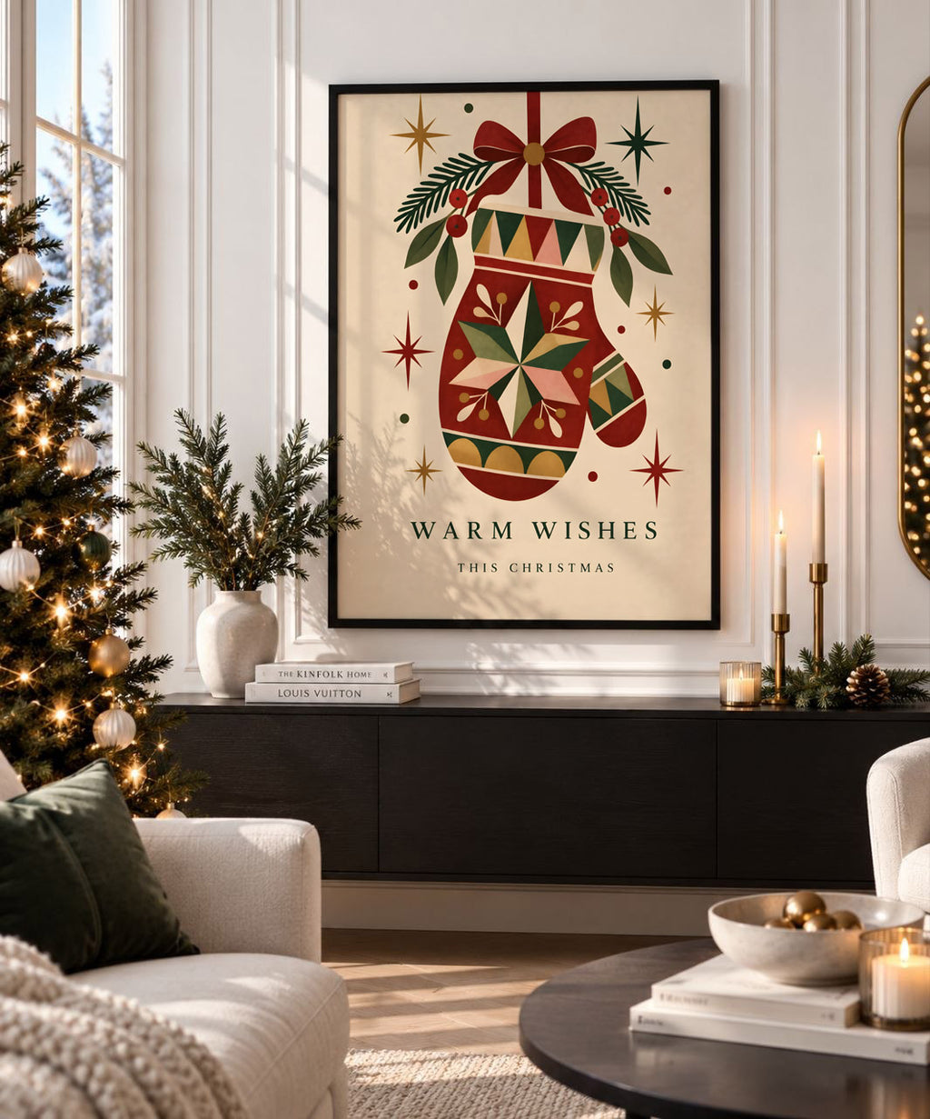 Vintage Christmas Mitten Wall Art, Festive Holiday Poster
