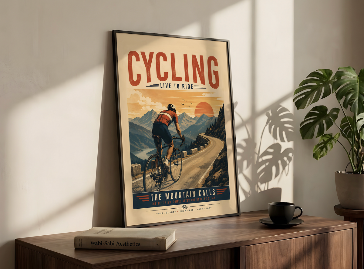 Vintage Cycling Poster, Retro Mountain Road Art, Bike Lover Gift