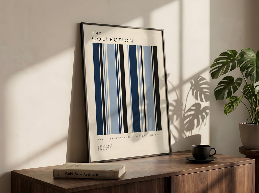 Blue Modernist Poster, Geometric Stripe Wall Art, Mid Century Modern Print