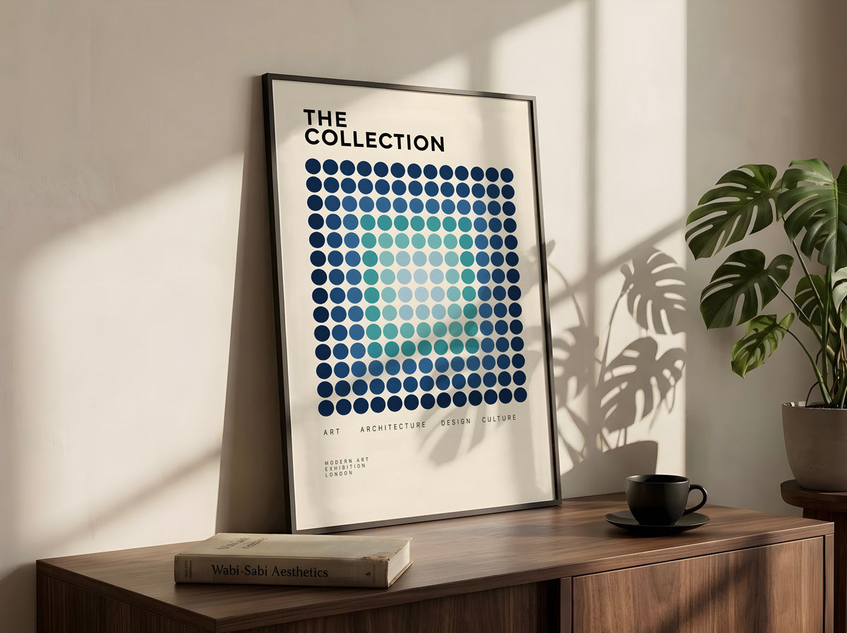 Blue Geometric Modernist Poster, Abstract Dot Pattern Wall Art, Graphic Design Decor