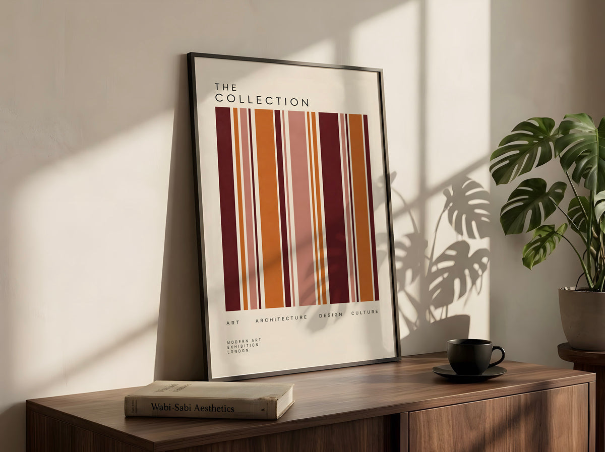 Burgundy Modernist Poster, Geometric Stripe Wall Art, Mid Century Modern Print