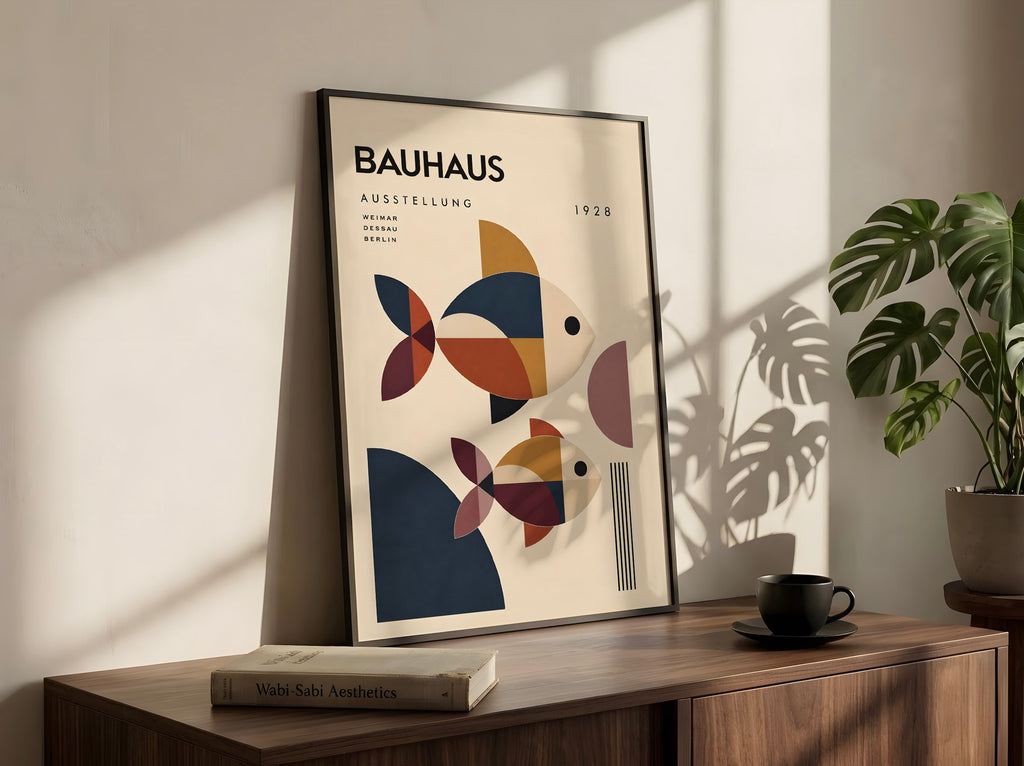 Bauhaus Geometric Fish Print, Mid-Century Modern Coastal Art