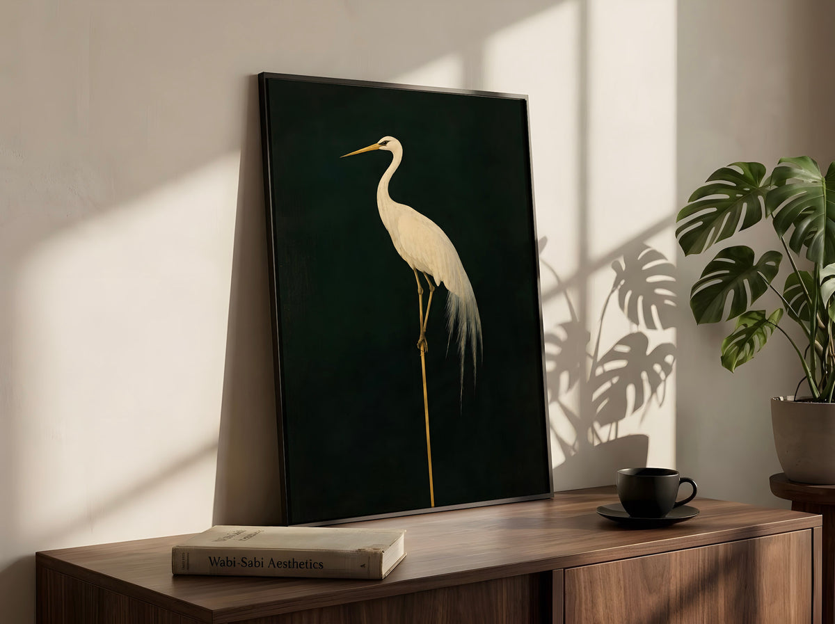 Japanese Crane Wall Art, Minimalist Green Poster