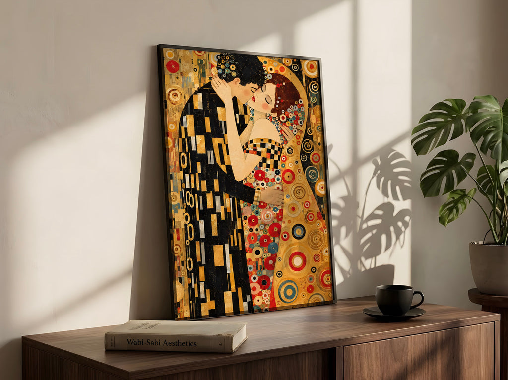 Abstract Couple Kiss Wall Art, Colourful Figurative Art Print, Modern Maxi Decor