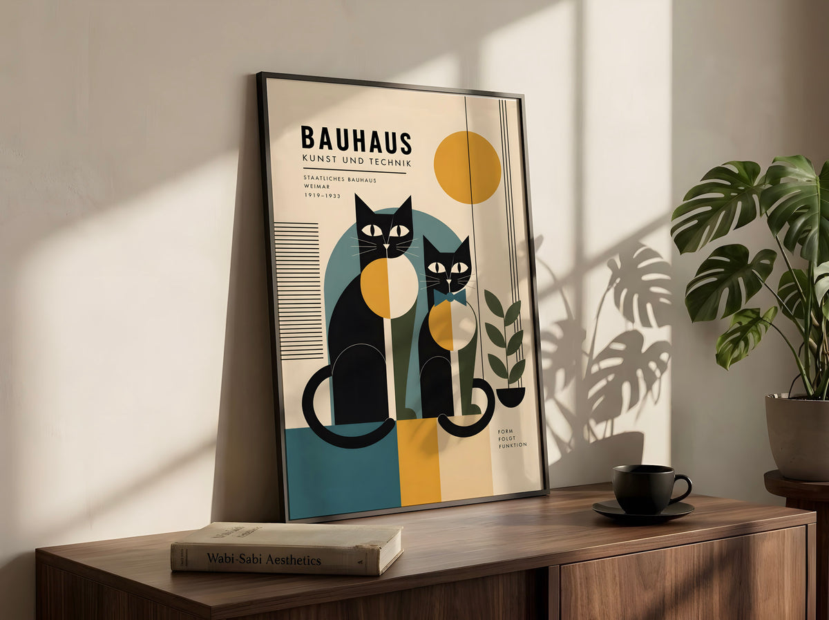 Bauhaus Couple of Cats Poster, Geometric Mid Century Wall Art Decor