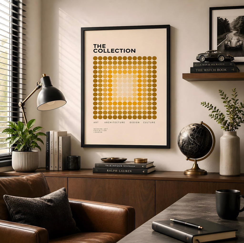 Yellow Geometric Poster, Abstract Dot Pattern Wall Art, Mid Century Modern Art