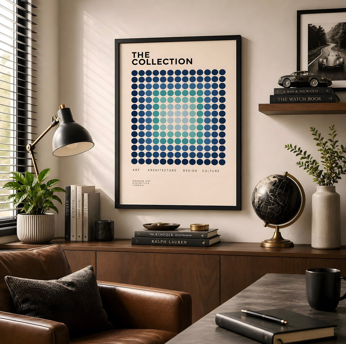 Blue Geometric Modernist Poster, Abstract Dot Pattern Wall Art, Graphic Design Decor