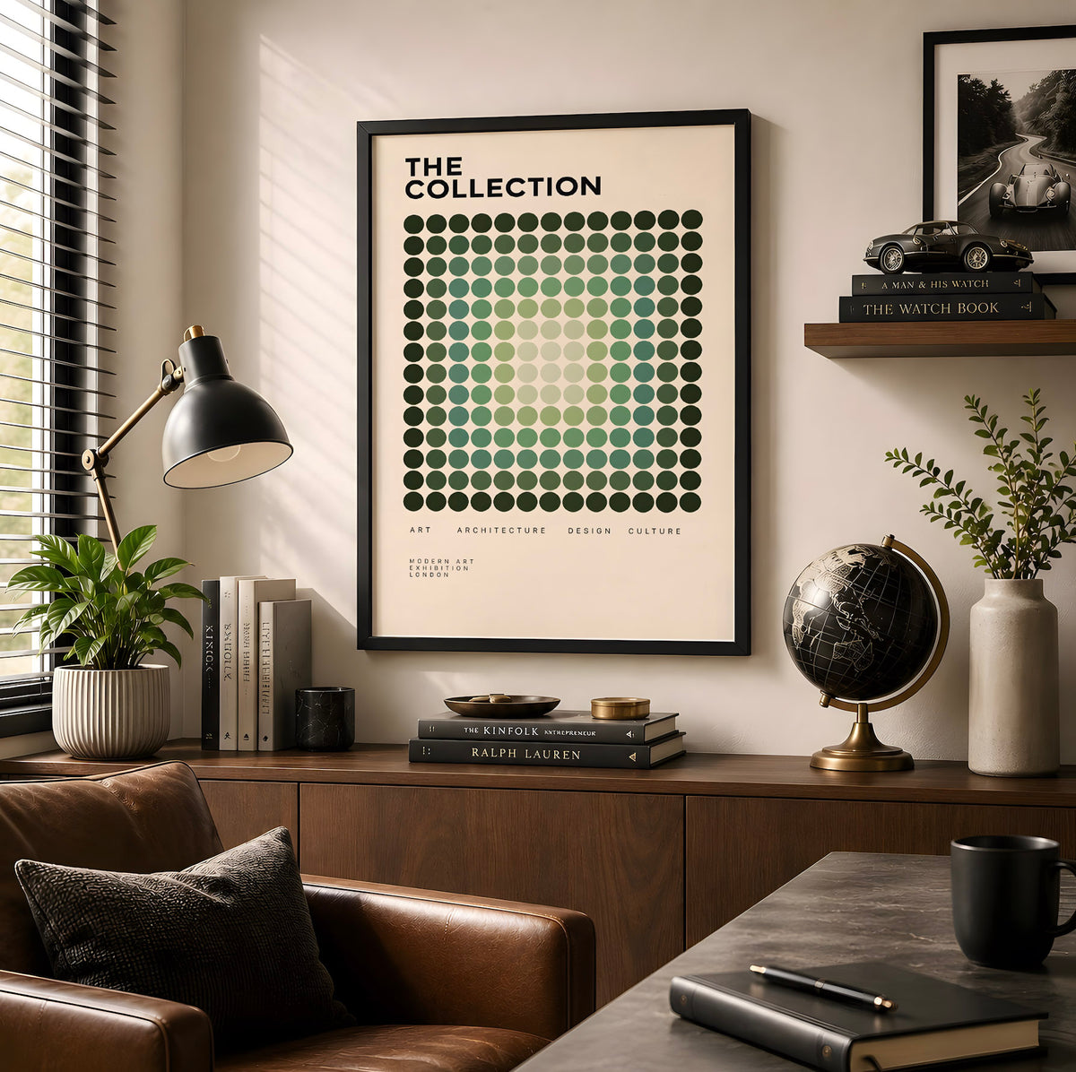 Green Geometric Modernist Poster, Abstract Dot Pattern Wall Art, Graphic Design Decor