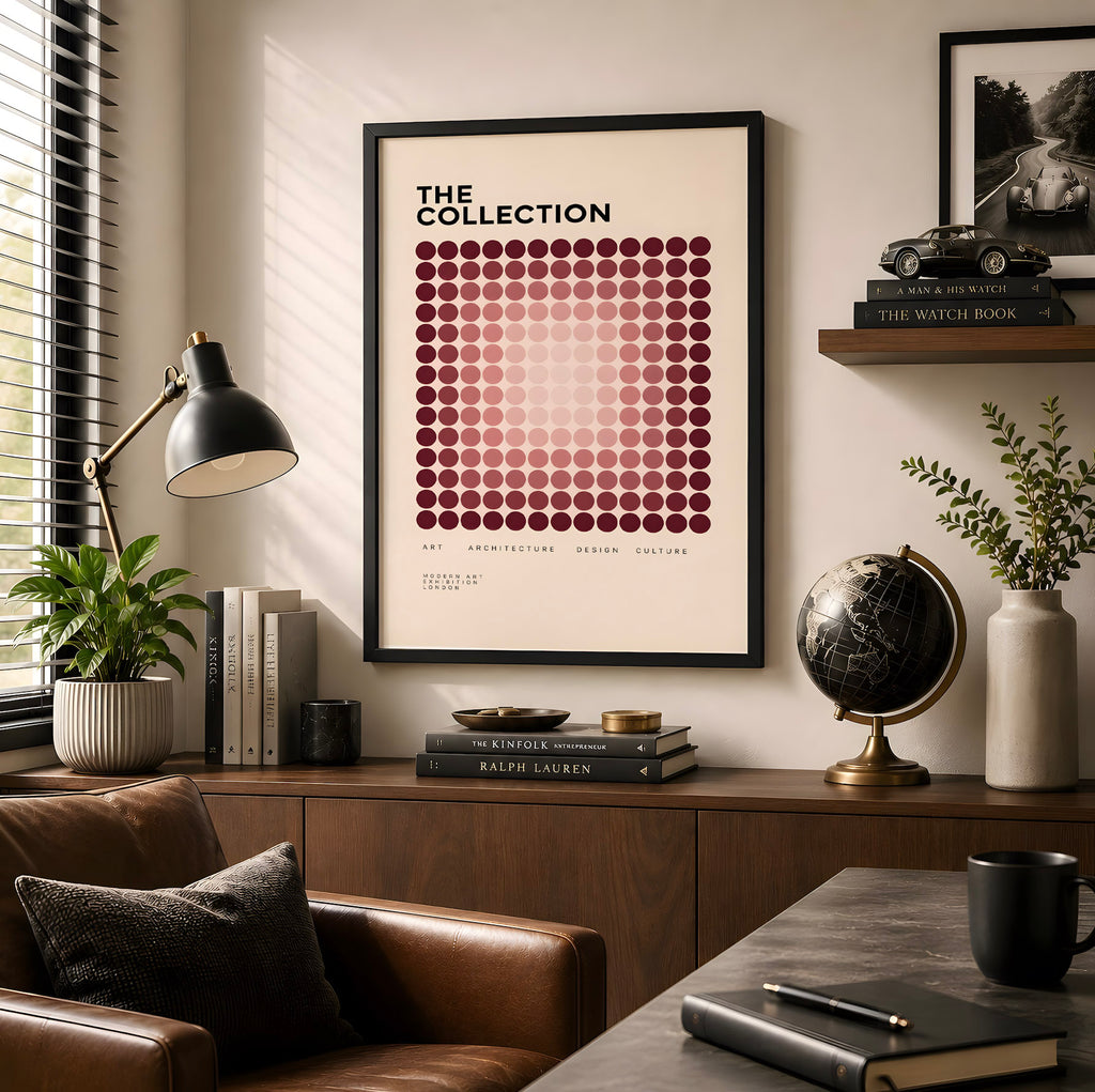 Burgundy Geometric Modernist Poster, Abstract Dot Pattern Wall Art, Contemporary Graphic Design Decor