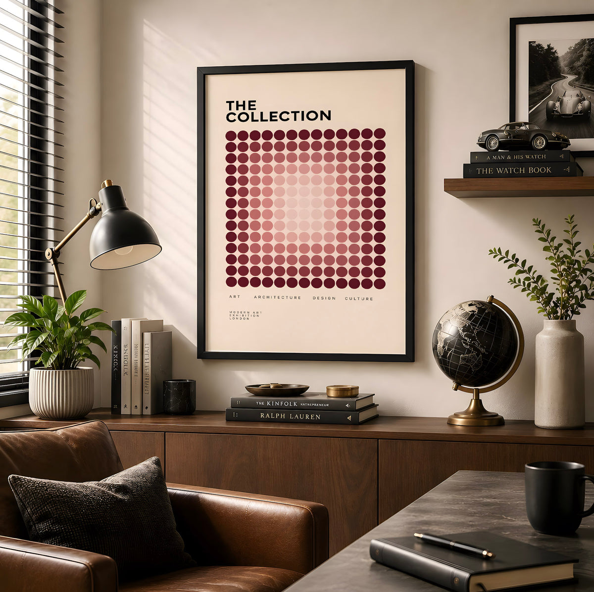 Burgundy Geometric Modernist Poster, Abstract Dot Pattern Wall Art, Contemporary Graphic Design Decor