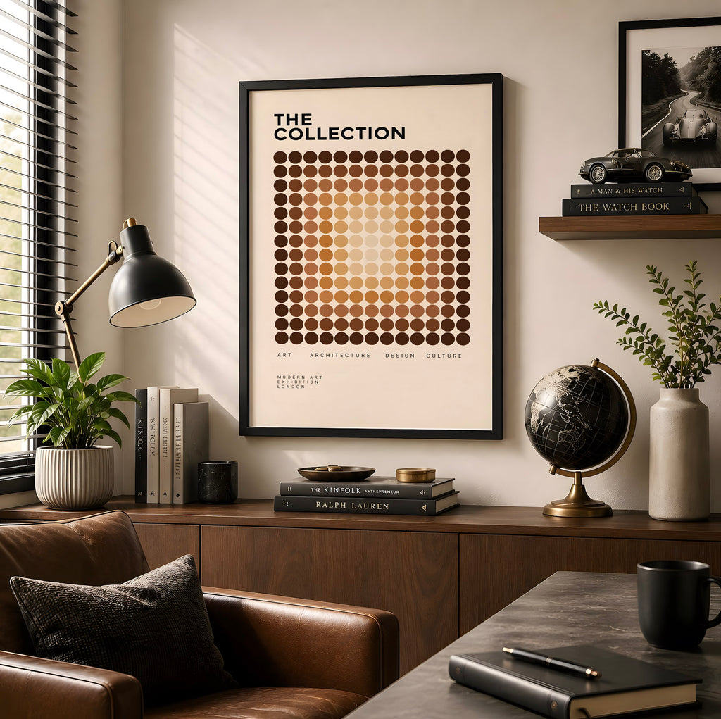 Brown Geometric Modernist Poster, Abstract Dot Pattern Wall Art, Mid Century Modern Print