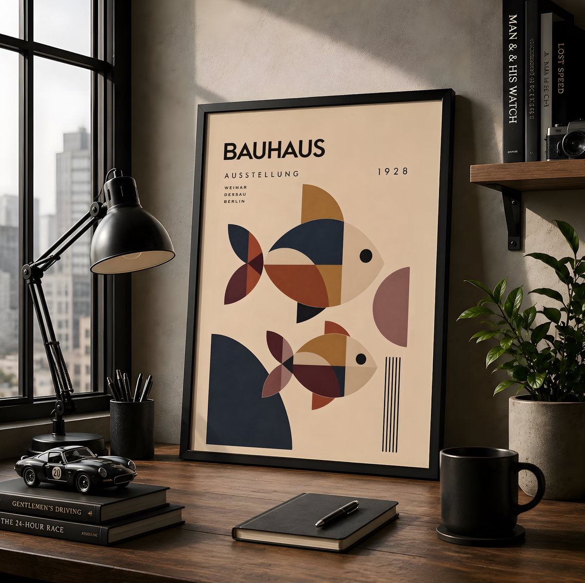 Bauhaus Geometric Fish Print, Mid-Century Modern Coastal Art