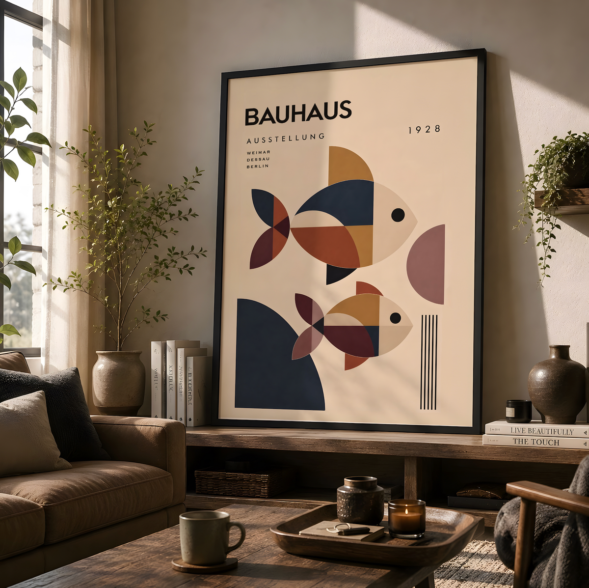 Bauhaus Geometric Fish Print, Mid-Century Modern Coastal Art